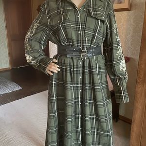 Flannel, olive plaid dress